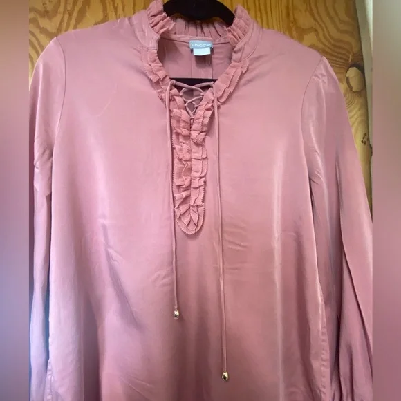 Chicos Sandwashed Satin Ruffle Blouse - Picture 2 of 10